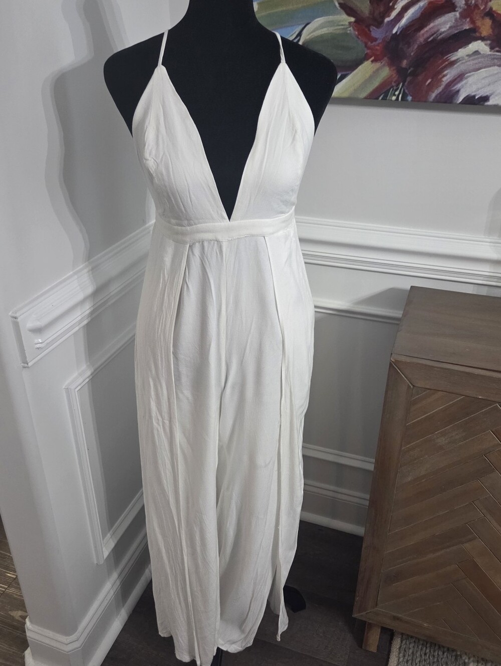 TOVA White Halter Tie Back Jumpsuit Wide Leg Sz Medium Minimalist Summer Resort